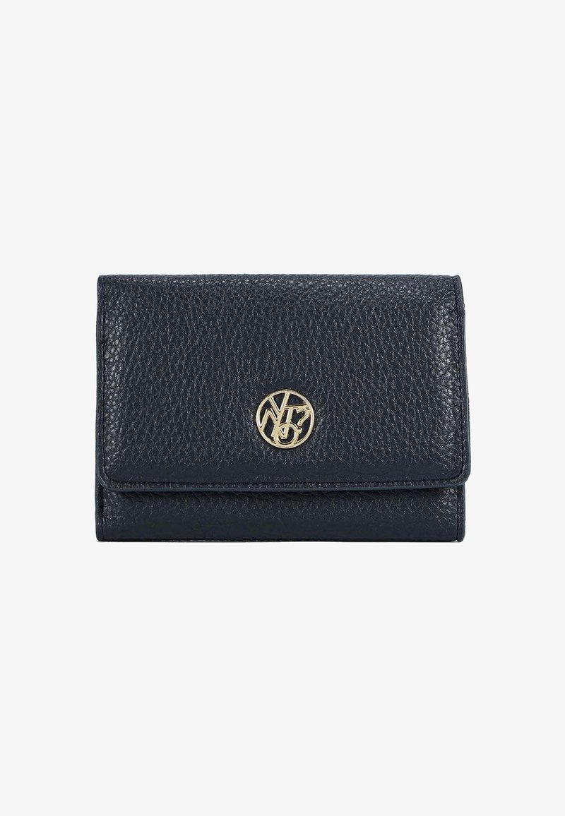 Portafoglio in pelle testurizzata blu navy con logo circolare dorato, dotato di una chiusura a pattina e un design compatto per una facile portabilità.