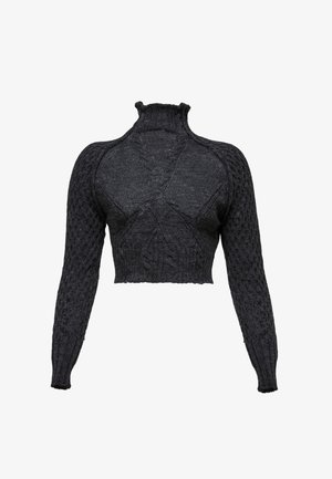 Melna cropped džemperis ar augstu apkakli, ar tekstūrām un garām piedurknēm. Materiāls izskatās adīts ar nedaudz brīvu austu.