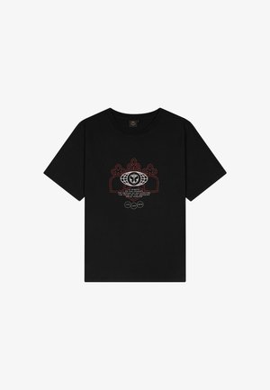 Zwart T-shirt met korte mouwen met een centrale afbeelding van een oog en krooncontour, met tekst en drie cirkels met de labels Live, Love, Unite.
