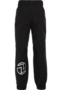 Zwarte sportbroek van elastische stof, met een elastische tailleband, taps toelopende boorden en een zilveren logo op het onderbeen.