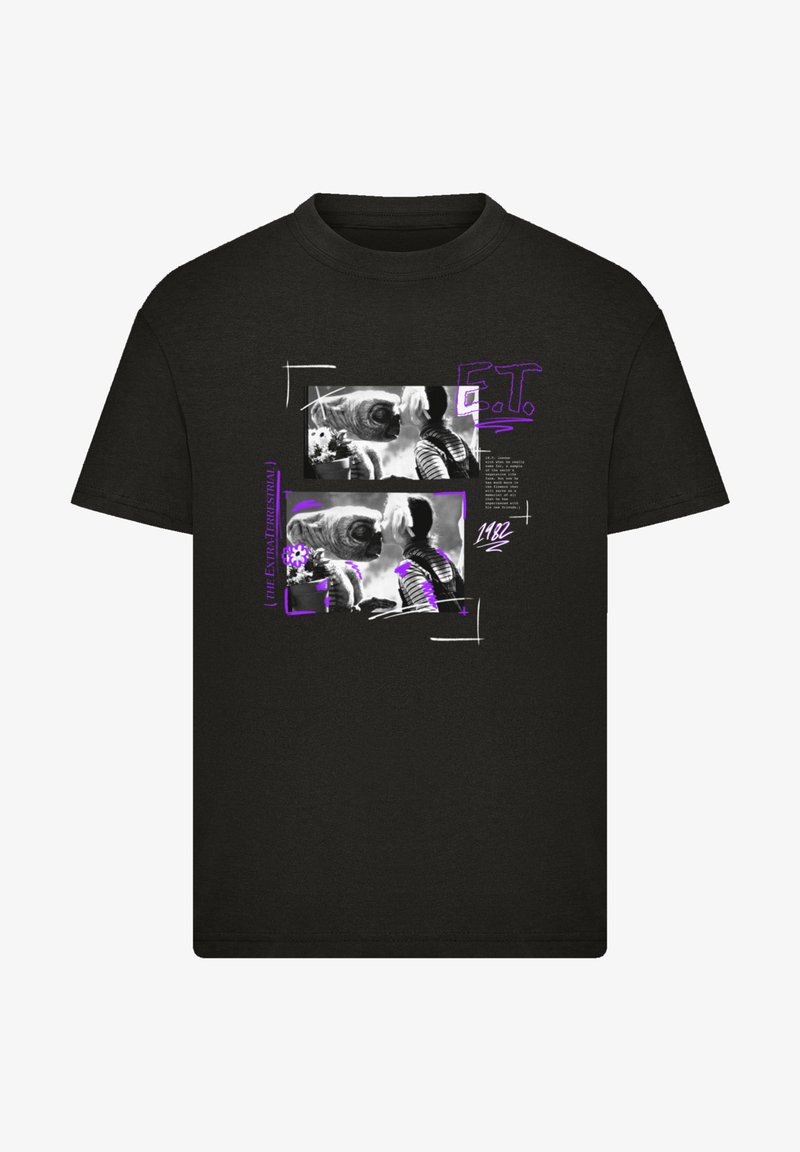Black cotton t-shirt featuring a graphic print of E.T. in grayscale, with purple accents and text, square and rectangular design elements.