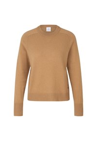 Pull en couleur camel fabriqué en jersey doux. Il présente un col rond, des poignets côtelés et un ourlet droit, avec des détails minimalistes.