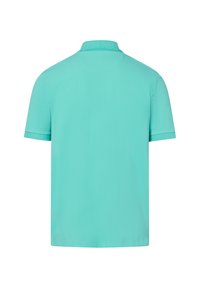 Turquoise polo shirt met korte mouwen, een vlakke kraag, een gladde textuur en een rechte zoom. Met minimale stiksels en strakke lijnen.