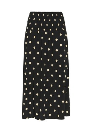 Black midi skirt with a smocked waistband and large cream polka dots, made from lightweight fabric, featuring a flowing design.