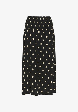 Jupe midi noire avec une taille froncée et de grands pois crémeux, fabriquée en tissu léger, arborant un design fluide.