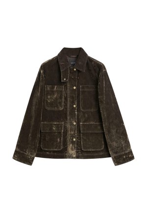 Braune Cordjacke mit einer Knopfleiste, zwei Brusttaschen und zwei unteren Taschen. Strukturierter Stoff mit einem verblassten Finish.