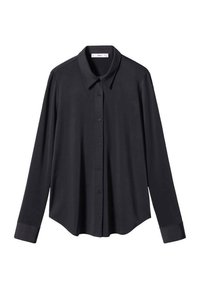 Schwarzes Langarmhemd mit Kragen, mit durchgehender Knopfleiste und geknöpften Ärmeln. Glatte Textur und strukturiertes Design.