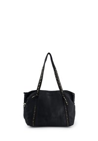 Černá kožená taška přes rameno s hroty na uchy a volným designem. Obsahuje zlaté kovové doplňky a hladký povrch. Na tašce je vytištěno jméno značky "Venezia".