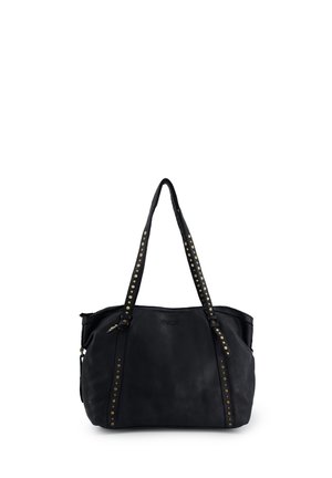 Černá kožená taška přes rameno s hroty na uchy a volným designem. Obsahuje zlaté kovové doplňky a hladký povrch. Na tašce je vytištěno jméno značky "Venezia".