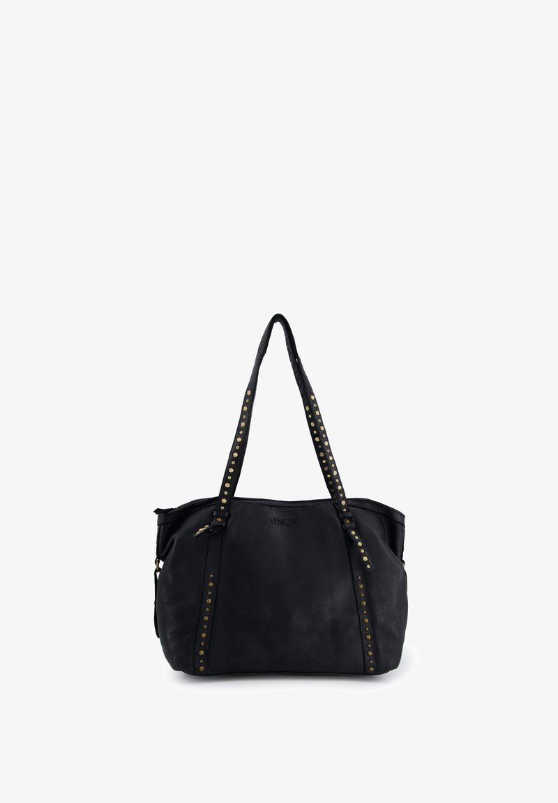 Černá kožená taška přes rameno s hroty na uchy a volným designem. Obsahuje zlaté kovové doplňky a hladký povrch. Na tašce je vytištěno jméno značky "Venezia".