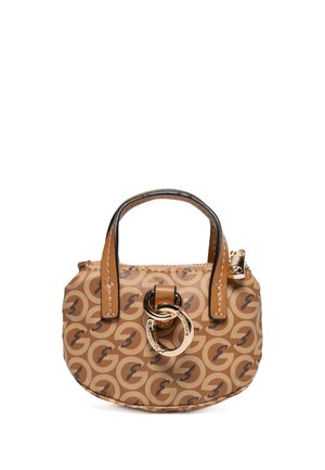 Piccola borsa beige con motivo circolare ripetuto "G", due manici corti e un ornamento a forma di anello dorato attaccato sul davanti.