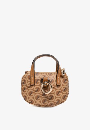 Piccola borsa beige con motivo circolare ripetuto "G", due manici corti e un ornamento a forma di anello dorato attaccato sul davanti.