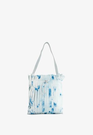 Plisovaná taška v světle modré barvě s tmavšími modrými skvrnami; vyrobena z měkkého materiálu; má stahovací uzávěr a jedno ramenní ucho.