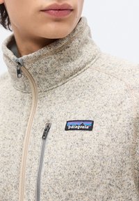 Κοντινό πλάνο ενός ατόμου που φοράει ένα μπεζ φλις μπουφάν Patagonia με φερμουάρ, ψηλό γιακά και φερμουάρ στην τσέπη του στήθους.