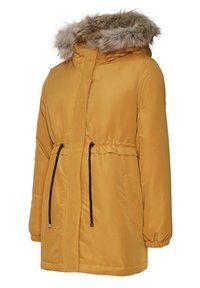 Yellow insulated jacket with a fur-lined hood, cinched waist, two front pockets, and elastic cuffs. Smooth fabric finish.