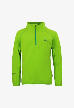 Felgroene fleece trui met lange mouwen, een kwart ritssluiting en klein geborduurd logo op borst en mouw.