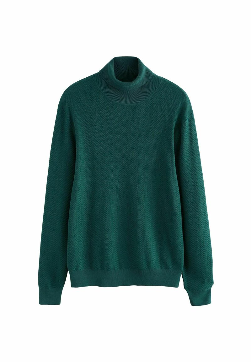 Dunkelgrüner Rollkragenpullover mit Fischgrätmuster, ausgestattet mit gerippten Bündchen und Kragen, aus weichem Strickmaterial gefertigt.