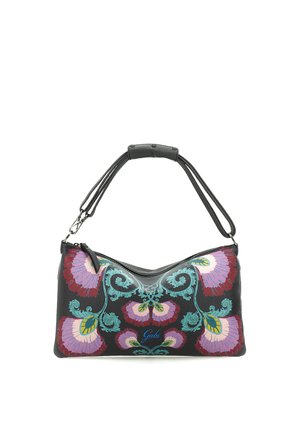 Borsa a mano in pelle nera con ricamo floreale colorato in viola, turchese, rosso e giallo, dotata di doppia tracolla rimovibile e chiusura con cerniera.