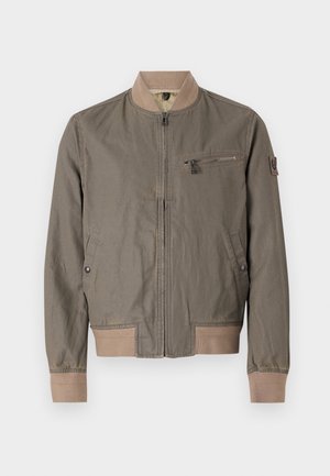 Olive green bomber jacket with a zippered front, two side pockets, and a chest pocket. Features ribbed cuffs and hem. Durable fabric.
