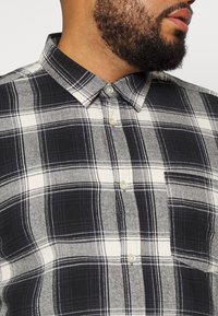 Schwarz-weißer karierter Hemd mit einem Button-Down-Kragen, subtiler Textur und kontrastierenden Karomustern mit beigen Akzenten.