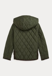 Vihreä tikattu takki hupulla, jossa on timantinmuotoinen kuvio, ruskea reunus helmassa ja kalvosimissa sekä sivutaskut. Kuvassa takin takaosa.