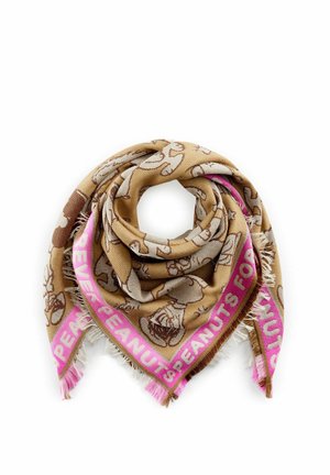 Écharpe à motifs marron et beige avec des personnages de Peanuts, bordée d’un texte rose disant "PEANUTS FOREVER" et des bords frangés.