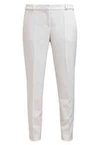 Witte op maat gemaakte broek met voorplooien en knoopdetails bij de tailleband, rechte pasvorm en een schone, minimalistische uitstraling.