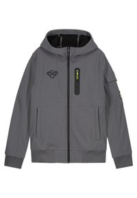 Grå huvad jacka med framtida dragkedja, bröstficka med dragkedja och gul dragflik, sidofickor och svart apa ansikte logotyp på vänster bröst.