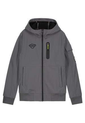Grå hættejakke med frontlynlås, brystlomme med lynlås og gul trækknap, sidelommer og sort abeansigt-logo på venstre bryst.