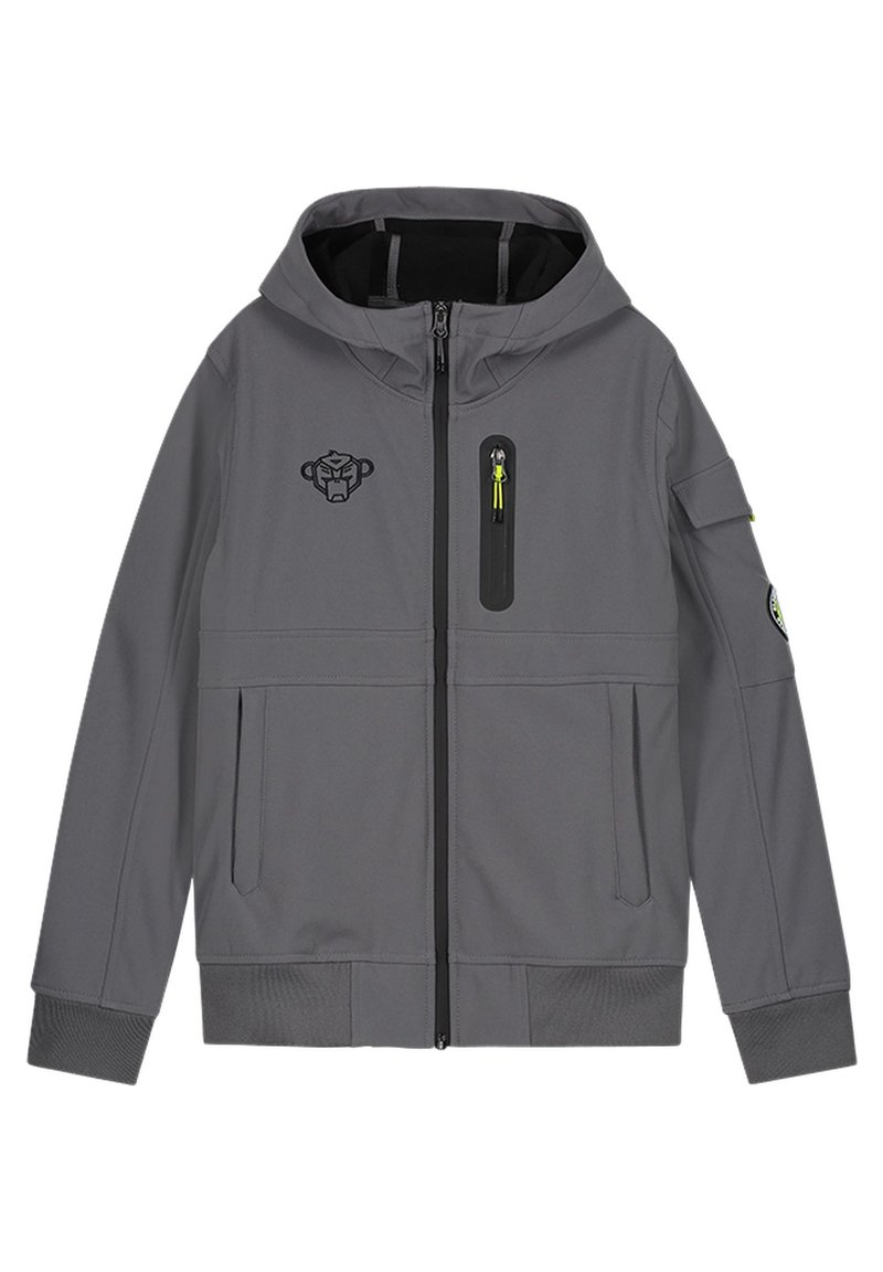 Grå huvad jacka med framtida dragkedja, bröstficka med dragkedja och gul dragflik, sidofickor och svart apa ansikte logotyp på vänster bröst.