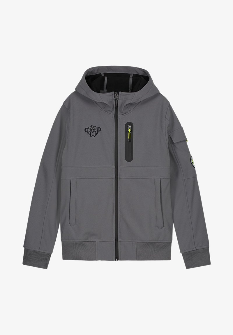 Šedá bunda s kapucí a předním zipem, náprsní kapsou na zip se žlutým táhlem, bočními kapsami a černým logem opice na levé části hrudníku.