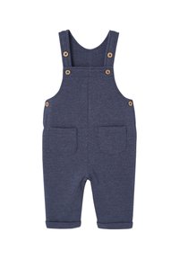 Marineblaue Baumwoll-Overalls mit verstellbaren Trägern, Holzknöpfen, zwei Fronttaschen und umgeschlagenem Saum an den Beinen. Weiche Textur.