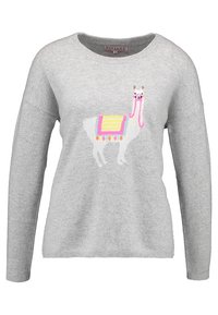 Pull gris en maille avec un graphisme coloré de lama, des accents roses et un motif de couverture rayée sur son dos. Manches longues et poignets côtelés.