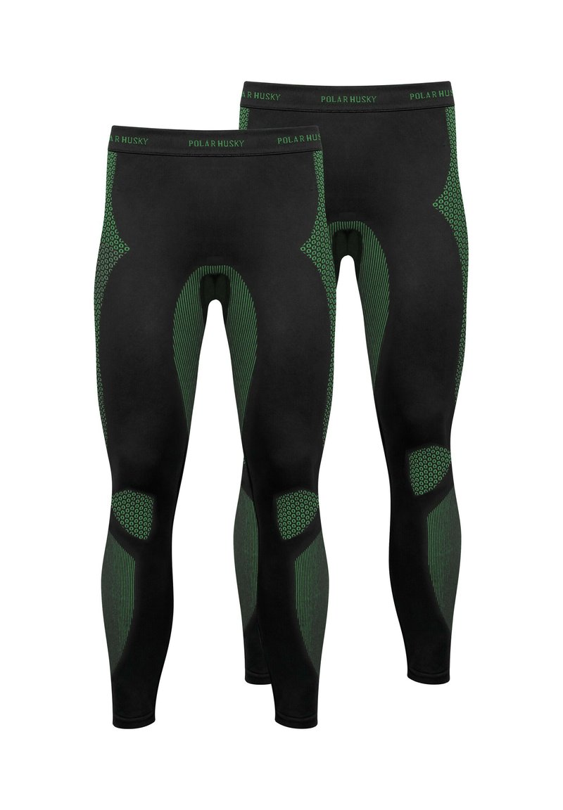Black leggings with green accents, featuring a textured design and perforated detailing on the sides. Elastic waistband with logo.