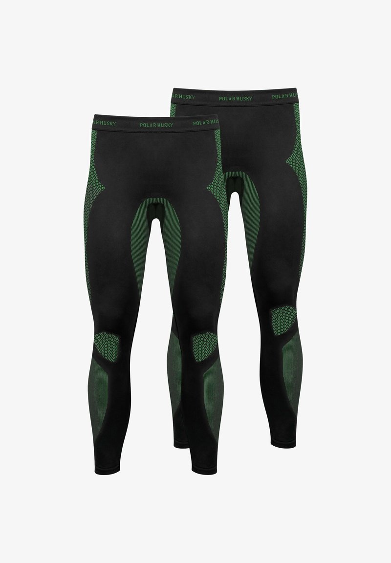 Schwarze Leggings mit grünen Akzenten, einem strukturierten Design und perforierten Details an den Seiten. Elastischer Bund mit Logo.