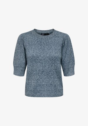 Meleret blå-grå striktrøje med korte pufærmer og rund halsudskæring.