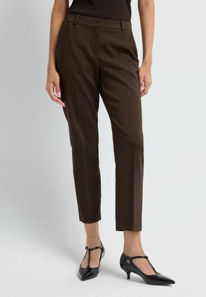 Woman wearing brown tailored ankle pants and black low-heeled, pointed-toe T-strap shoes, standing against a plain gray background.