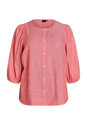 Růžová halenka na knoflíky s tříčtvrtečními nabíranými rukávy a kulatým výstřihem, vyrobená z lehké tkaniny.