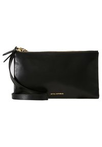 Pochette noire en cuir rectangulaire avec fermeture éclair dorée et petit logo doré "Royal RepubliQ" à l'avant.