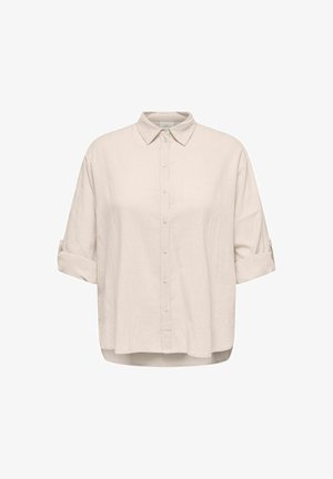 Cămașă din in bej deschis, cu închidere cu butoane în față, mâneci scurte rulate și un croi lejer. Textură moale cu un model de țesătură subtil.