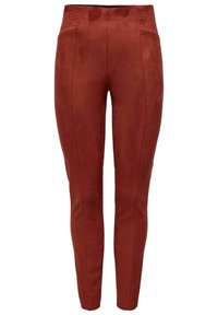 Czerwone spodnie z sztucznego zamszu o slim fit, z detalami wzdłuż szwów bocznych i wysokim stanem. Gładka tekstura z delikatnym połyskiem.