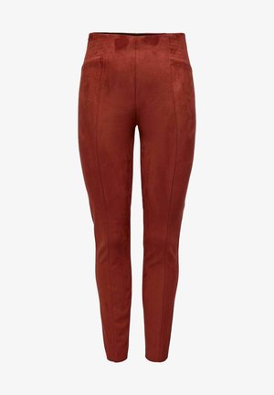 Red faux suede pants with a slim fit, featuring side seam details and high waist design. Smooth texture with a slight sheen.