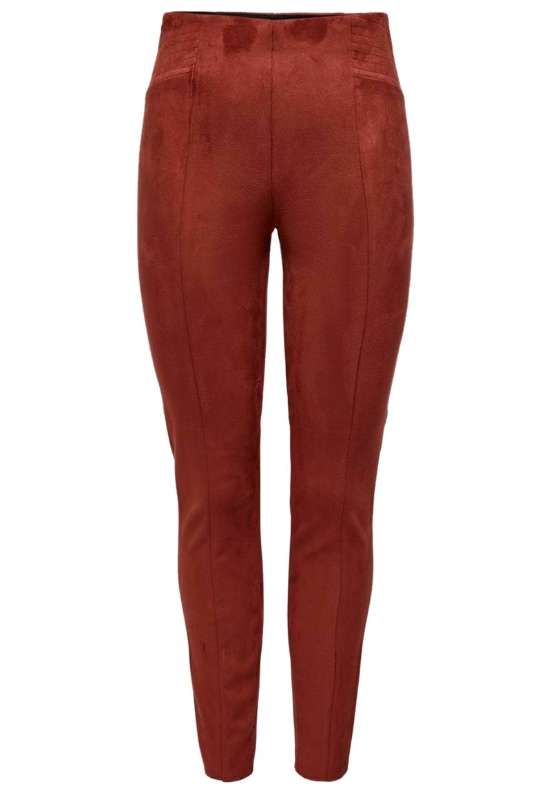 Czerwone spodnie z sztucznego zamszu o slim fit, z detalami wzdłuż szwów bocznych i wysokim stanem. Gładka tekstura z delikatnym połyskiem.