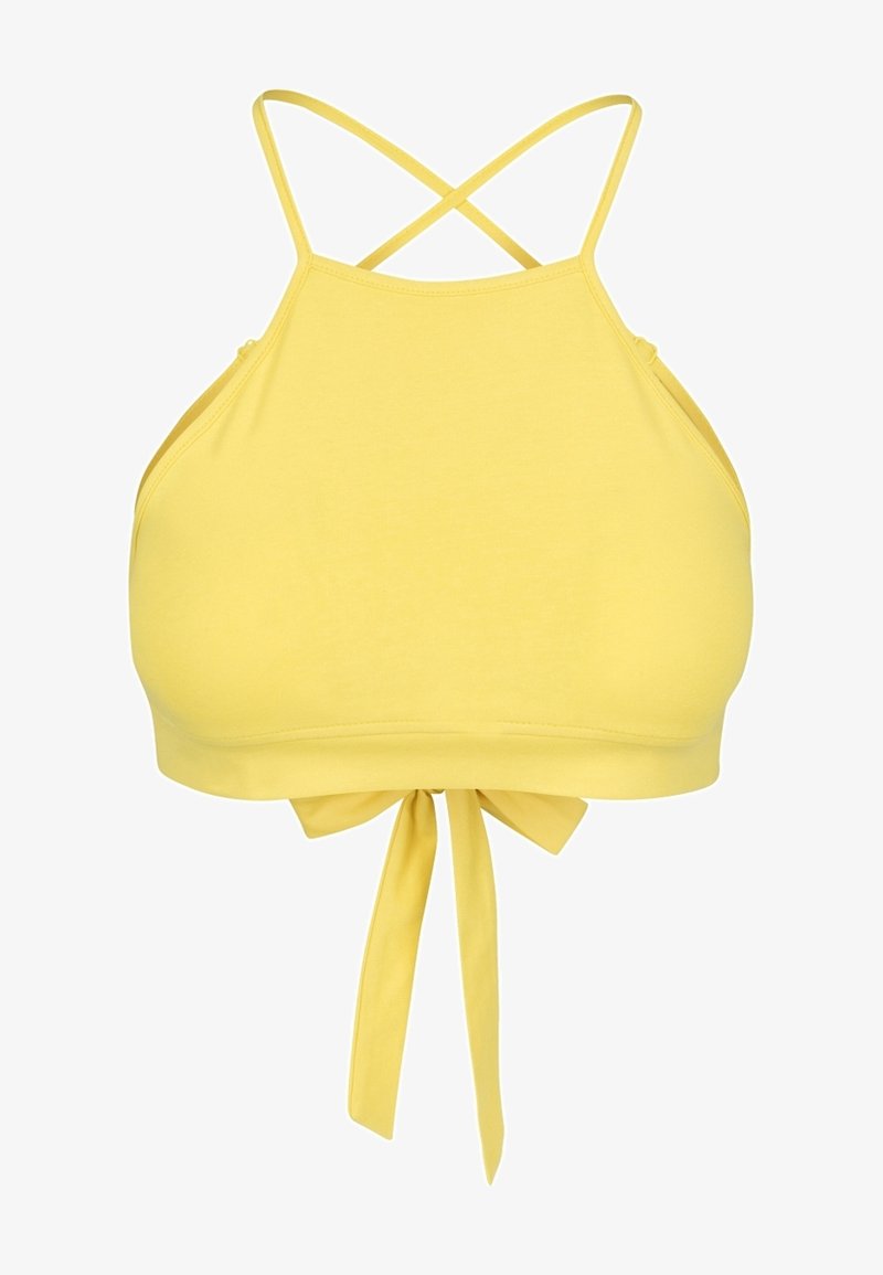 Yellow cropped tank top with a smooth finish, cross-back straps, and a tied bow detail at the back. Made from stretchy fabric.