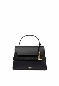 Sac à main en cuir noir avec un design structuré, des accents dorés et une poignée supérieure. Il dispose d'une fermeture à rabat et du logo "LANCEL PARIS" à l'avant.