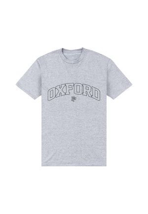 Jasnoszary bawełniany T-shirt z krótkim rękawem i okrągłym dekoltem, z napisem „OXFORD” w dużych konturowych literach na piersi.