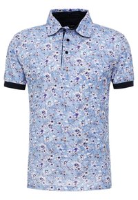 Kortärmad polo i ljusblått med blommönster. Har en krage, knapplist och marinblå accentfärger på kragen och ärmarna.
