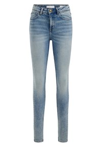 Slim-fit, vysoké džíny v světlé modré denimové barvě. Mají pět kapes, poutka na opasek a přední zapínání na knoflík. S opotřebenými detaily po celém povrchu.