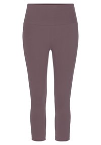 Capri-legging in gedempt mauve, gemaakt van rekbare stof met een hoge tailleband, voorzien van een gladde, zachte textuur en zonder zichtbare naden.