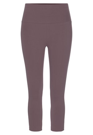 Capri-Leggings in sanftem Mauve, aus dehnbarem Stoff mit hohem Bund, verfügen über eine glatte, weiche Textur und keine sichtbaren Nähte.